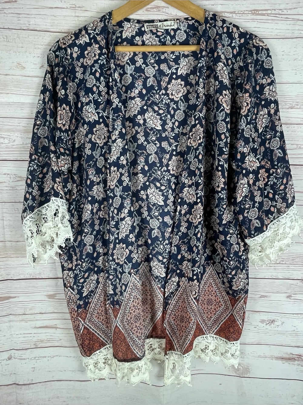 Anthropologie Gypsies & Moondust Blue Floral Boho Kimono Sz XL Festival Witchy